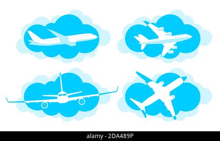 Passagierflugzeug oder Flugzeug auf dem Hintergrund der blauen Wolken. Flaches Design-Symbol. Abbildung, Vektor Stock Vektor