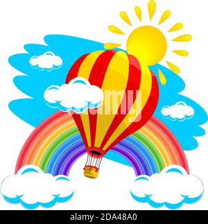 Heißluftballon fliegt zur Sonne. Blauer Himmel mit Wolken, Regenbogen. Sommer Spaß Illustration, Vektor Stock Vektor