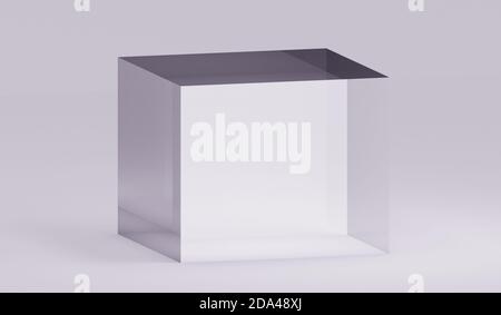Transparenter Glaswürfel auf grauem Hintergrund, 3d-Rendering Stockfoto
