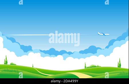 Blauer Himmel mit Wolken und ein Flugzeug, das über die grünen Felder fliegt. Airliner über Weidewiese und Bäumen. Abbildung, Vektor Stock Vektor