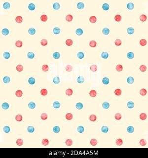 Polka Punkt blau und rot Aquarell nahtlose Muster. Abstrakte Aquarell Vintage Farben Kreise Hintergrund. Handgezeichnete runde Textur. Drucken für Stockfoto