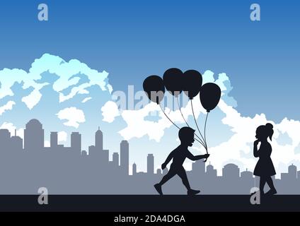 Junge wird Ballon zu Mädchen geben, Vektor-Illustration Stock Vektor