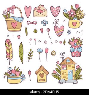Set von handgezeichneten Doodle Liebe Elemente für Hochzeit, Valentinstag Karte, Aufkleber, Stempel-Design. Vektor-Illustration mit Herz, Liebe, Sprechblase Stock Vektor