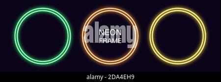 Leuchtrahmen. Set von runden Neon-Grenze mit doppelter Umrisse. Geometrische Form mit Kopierraum, futuristisches Grafikelement für Social Media Geschichten. Stock Vektor