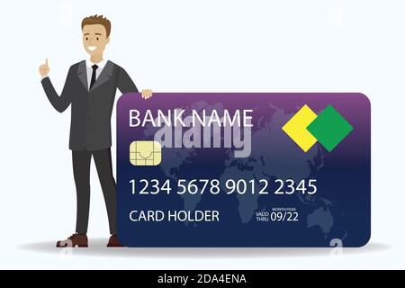 Junger kaukasischer Geschäftsmann mit Kreditkarte, Stock Vektor