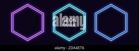 Sechseckiger Neonrahmen. Set von sechseckigen Neon-Rand mit doppelter Umrisse. Geometrische Form mit Kopierraum, futuristisches Grafikelement für Social Media sto Stock Vektor