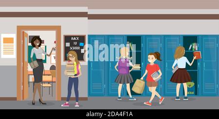 Cartoon Lehrer und Schüler in der Schulhalle, Schule Interieur Stock Vektor