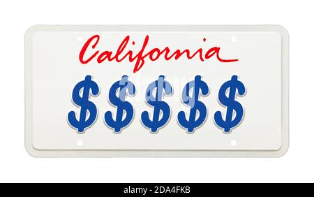 California Nummernschild mit Geldsymbolen aufgedruckt. Stockfoto