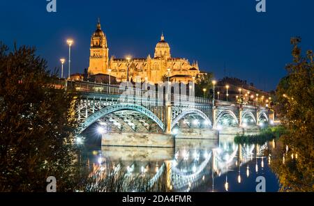 Die neue Kathedrale und die Enrique Estevan Brücke in Salamanca, Spanien Stockfoto