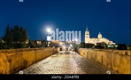 Die neue Kathedrale und die römische Brücke in Salamanca, Spanien Stockfoto