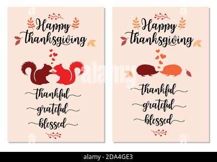 Thanksgiving-Kartensatz mit niedlichen Eichhörnchen und Igeln, Herbstlaub, Vektorgrafik Stock Vektor