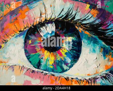 Fluorit - Ölgemälde. Konzeptuelles abstraktes Bild des Auges. Konzeptuelle abstrakte Nahaufnahme eines Ölgemäldes und Palettenmesser auf Leinwand. Stockfoto