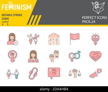 Feminismus Farbe Linie Icon Set, Gender-Gleichstellung Sammlung, Vektor-Skizzen, Logo Illustrationen, Feminismus Symbole, Gleichberechtigung Zeichen gefüllt Umriss Stock Vektor