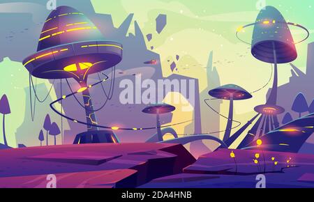 Alien Planetenlandschaft mit Fantasy-Pilzen Bäume oder Gebäude und Felsen. Magische ungewöhnliche Natur für Computerspiel, Märchen Hintergrund mit schönen fremden Pflanzen, Cartoon-Vektor-Illustration Stock Vektor