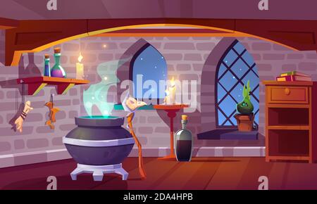 Magic Room Innenraum mit Hexenkessel, Personal mit Vogelschädel, brennende Kerzen, Trank in Bechergläser, Knochen und Topfpflanzen vor dem Bogenfenster mit Sternenhimmel Blick, pc-Spiel Cartoon-Illustration Stock Vektor