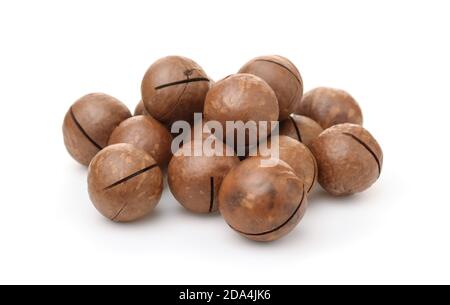 Stapel von ungeschälten Macadamia Nüsse isoliert auf weiß Stockfoto