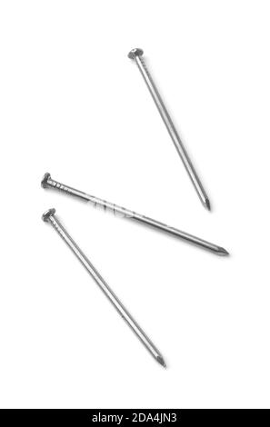 Drei Stahl gemeinsame Nägel isoliert auf weiß Stockfoto