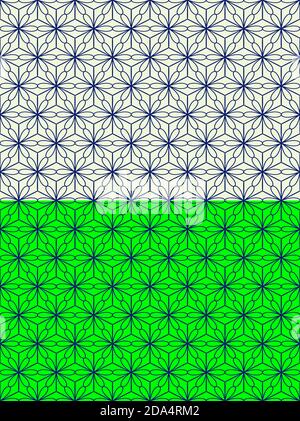 Geometrisches, abstraktes florales Nahtmuster. Elegante, monochrome blaue Linienstruktur. Optischer Illusionseffekt. Grüner oder gelber Hintergrund ist leicht zu Stock Vektor