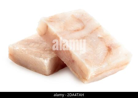 Zwei schnell gefrorene Fischfiletblöcke isoliert auf Weiß. Stockfoto