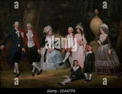 Die Familie Fourdrinier. Henry Fourdrinier Senior (1730-1799), ein Unternehmer aus Hugenotten, war ein wohlhabender Papiermacher und Großhandelsstationierer. Er wird in der Mitte seiner Familie sitzend gezeigt. Porträt von John Downman (1750-1824). Öl auf Kupfer (46 x 61,5 cm), c. 1786. National Portrait Gallery. London, England, Vereinigtes Königreich. Stockfoto