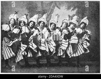 Die beliebte Tanztruppe - Tiller Girls, 1899, London. Illustration des 19. Jahrhunderts. Weißer Hintergrund. Stockfoto