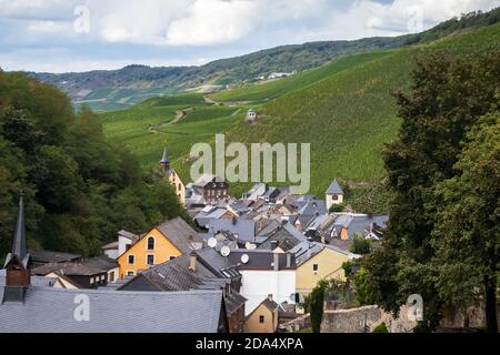 Dorf umgeben von Bäumen und Hügeln in der Nähe der Burgruine Landshut. Stockfoto