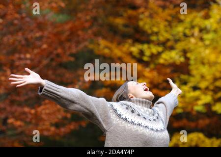 Aufgeregt Frau feiert Herbst dehnt Arme in einem schönen Wald Stockfoto