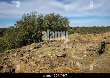 Villasviejas del Tamuja. Archäologische Stätte in der Nähe von Botija in Extremadura. Spanien. Stockfoto