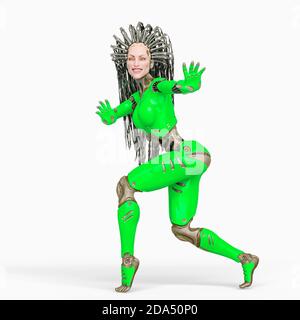 Super Cyborg lächelt und geht auf Zehenspitzen, 3d-Illustration Stockfoto