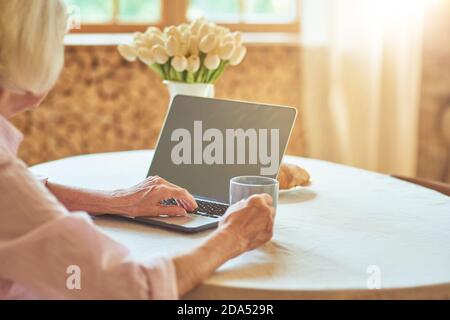 Zugeschnittenes Foto einer älteren Frau, die zu Hause am Tisch sitzt und einen Laptop benutzt, während sie ein heißes Getränk genießt. Inländisches Lifestyle-Konzept Stockfoto