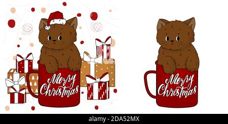Cute Cartoon Hand gezeichnet braun Kätzchen oder Katze in der Rot und weiß Frohe Weihnachten Tasse in Weihnachtsmann Hut Mit goldenen und roten Geschenken Stock Vektor