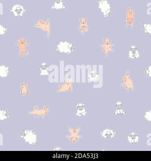 Nahtlose Muster. Yoga für Haustiere und Nutztiere. Niedliche Hunde und Lämmer üben Fitness, Gymnastik und stehende Asanas. Vektorgrafik. Säugetiere Stock Vektor