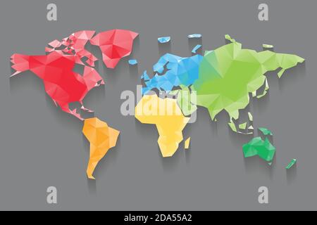 Low Poly Karte der Welt in sechs Kontinente nach Farbe unterteilt. Polygonales Vektordesign mit Schlagschatten. Stock Vektor
