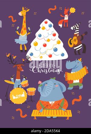 Weihnachts-Cartoon-Poster mit niedlichen Ethno-Musiker-Charaktere. Stock Vektor