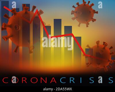 Der Zusammenbruch des Marktes und der Börse durch das Coronavirus covid-19. 3D-Modell des Virus mit Grafiken und Diagramme auf Sonnenuntergang Hintergrund. Stockfoto