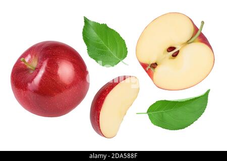 Roter Apfel mit halb isoliert auf weißem Hintergrund. Draufsicht. Flach liegend. Stockfoto