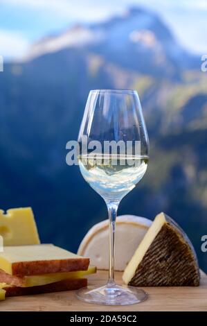 Schmackhafter Käse und Wein aus Savoyen in Frankreich, beaufort, abondance, emmental, Tomme und Reblochon de savoie Käse und ein Glas Weißwein serviert Stockfoto
