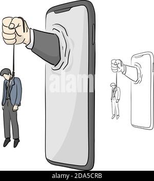 Geschäftsmann durch große Hand in Smartphone Vektor Illustration Skizze getötet doodle handgezeichnet mit schwarzen Linien isoliert auf weißem Hintergrund Stock Vektor