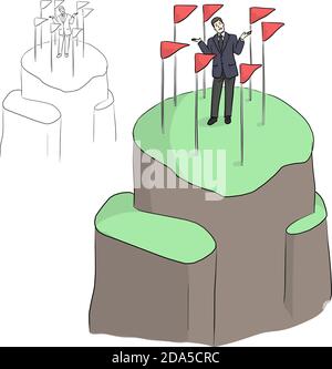 Geschäftsmann mit Verwirrung und sieben Torfahnen auf der Spitze Von Berg Vektor Illustration Skizze Doodle Hand mit schwarz gezeichnet Linien isoliert auf weiß Stock Vektor