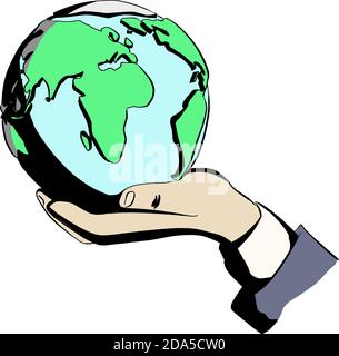 Geschäftsmann hält Erde auf seiner Hand Vektor-Illustration Skizze Doodle Handgezeichnet mit schwarzen Linien isoliert auf weißem Hintergrund Stock Vektor