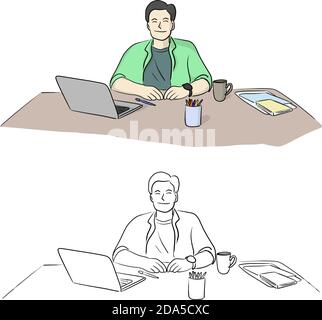 Mann arbeitet auf Laptop-Computer zu Hause Vektor Illustration Skizze doodle handgezeichnet mit schwarzen Linien isoliert auf weißem Hintergrund Stock Vektor