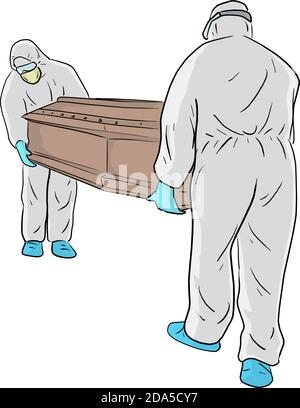 Die Männer im PSA-Anzug (Persönliche Schutzausrüstung) Tragen Sie den Sarg Handhabung für Entsorgung Vektor Illustration Skizze Doodle Handgezeichnet isoliert auf wh Stock Vektor