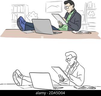 Geschäftsmann mit Tablet-PC und Laptop-Computer mit Bein auf Tabelle Vektor Illustration Skizze Doodle Hand gezeichnet mit schwarzen Linien Isoliert auf weißem Rücken Stock Vektor