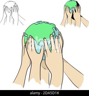Menschen der Welt halten den Globus Vektor Illustration Skizze Doodle Hand gezeichnet mit schwarzen Linien isoliert auf weißem Hintergrund. Ökologie-Konzept. Stock Vektor