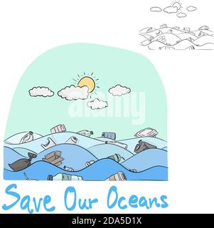 Wasserverschmutzung im Meer mit dem Wort Save Our Ocean Vektor Illustration Skizze Doodle Hand gezeichnet mit schwarzen Linien Isoliert auf weißem Hintergrund Stock Vektor