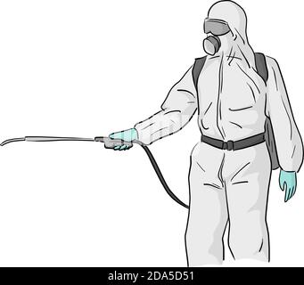 Mann in einem Ganzkörper-Schutzanzug Reinigung COVID-19 Virus vektor-Illustration Skizze Doodle Hand gezeichnet isoliert auf weißem Hintergrund Stock Vektor