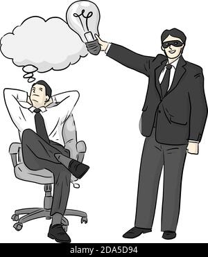 Geschäftsmann stiehlt Idee von einem anderen Mann Vektor Illustration Skizze doodle handgezeichnet mit schwarzen Linien isoliert auf weißem Hintergrund Stock Vektor