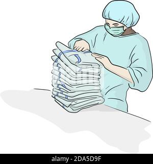 Arbeiter in PSA Anzug Anordnung textile Produkt Vektor Illustration Skizze doodle Hand gezeichnet isoliert auf weißem Hintergrund Stock Vektor