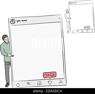Mann mit leerem Zeichen mit Social Media Interface Vektor Illustration Skizze Doodle Hand gezeichnet mit schwarzen Linien isoliert auf weiß Hintergrund Stock Vektor