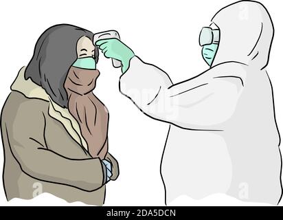 Medizinische Arbeiter in PSA Anzug Scannen Frau mit Infrarot-Thermometer vektor-Illustration Skizze Doodle Hand gezeichnet isoliert auf weißem Hintergrund Stock Vektor